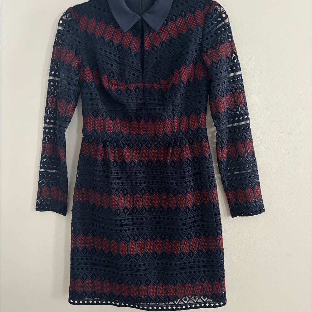 Trina Turk Navy and Red Long Sleeve Lace Dress